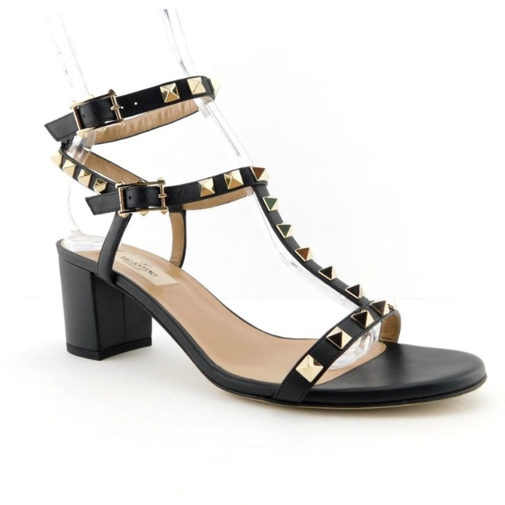 VALENTINO Rockstud Black T-strap Block Heel Sandals 37.5
